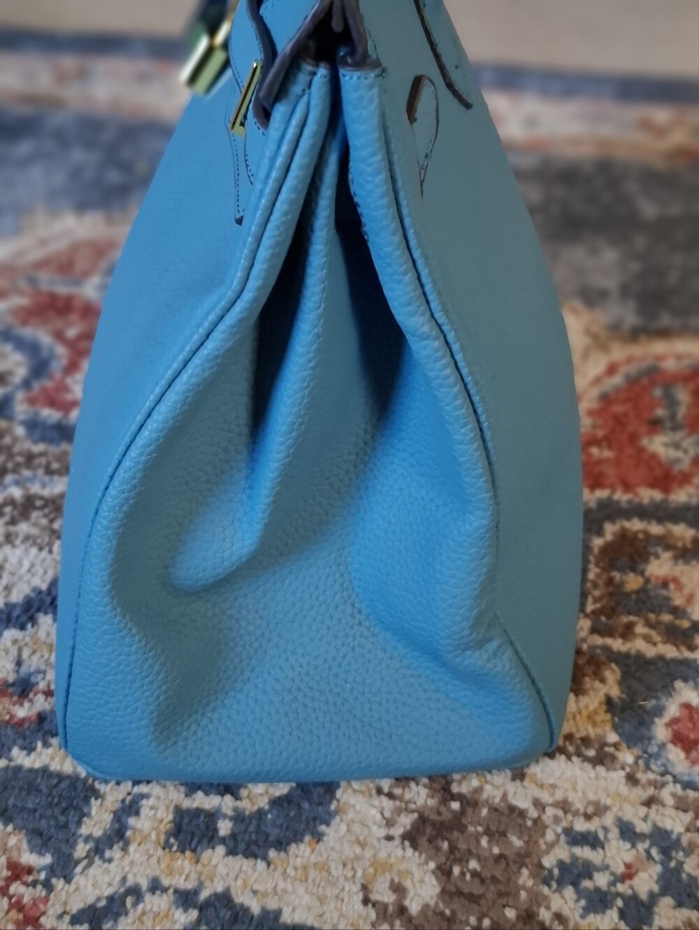Teal Structured Leather Top-Handle Bag with Gold Hardware - Picture 5 of 9